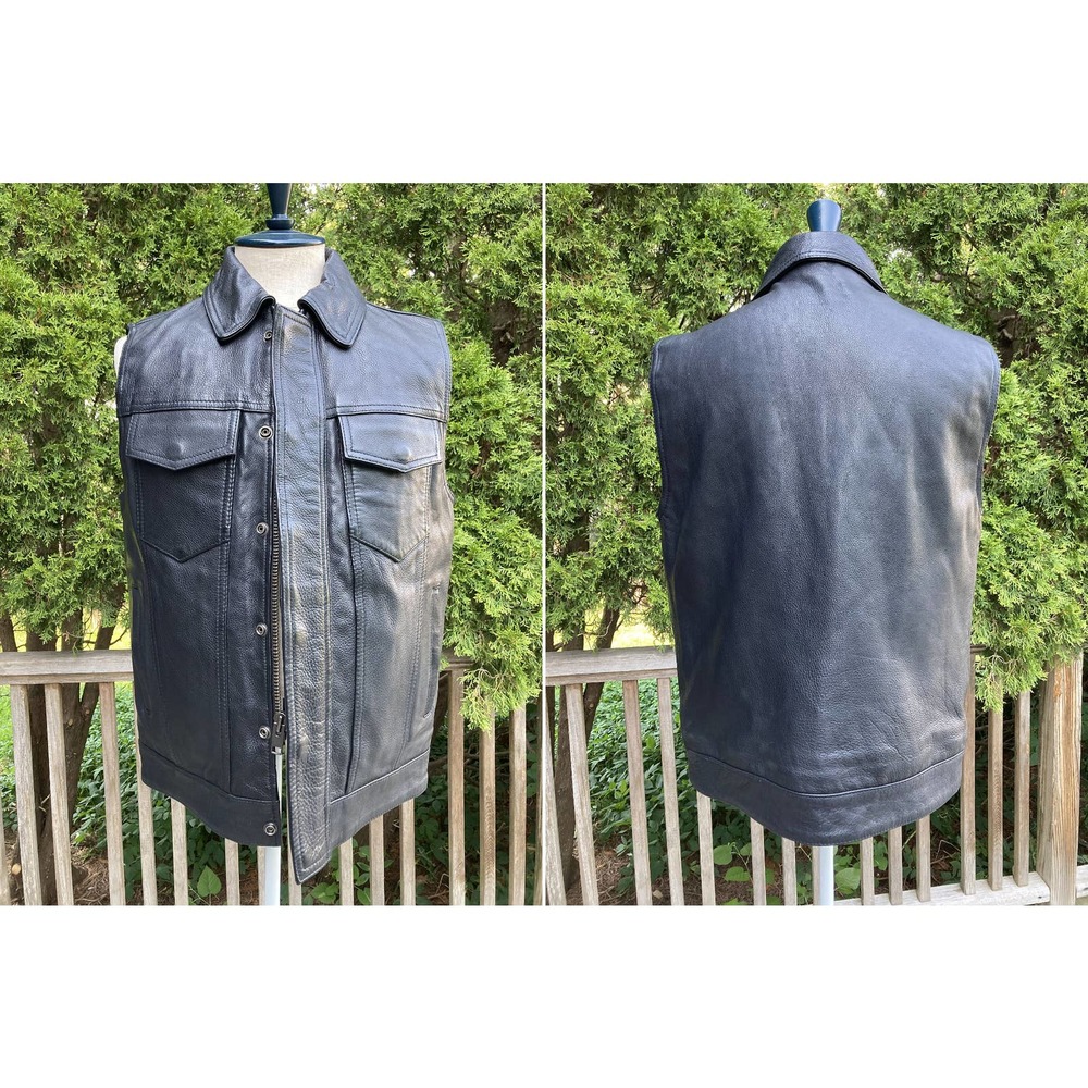 Size S First Black Leather Biker Trucker Vest